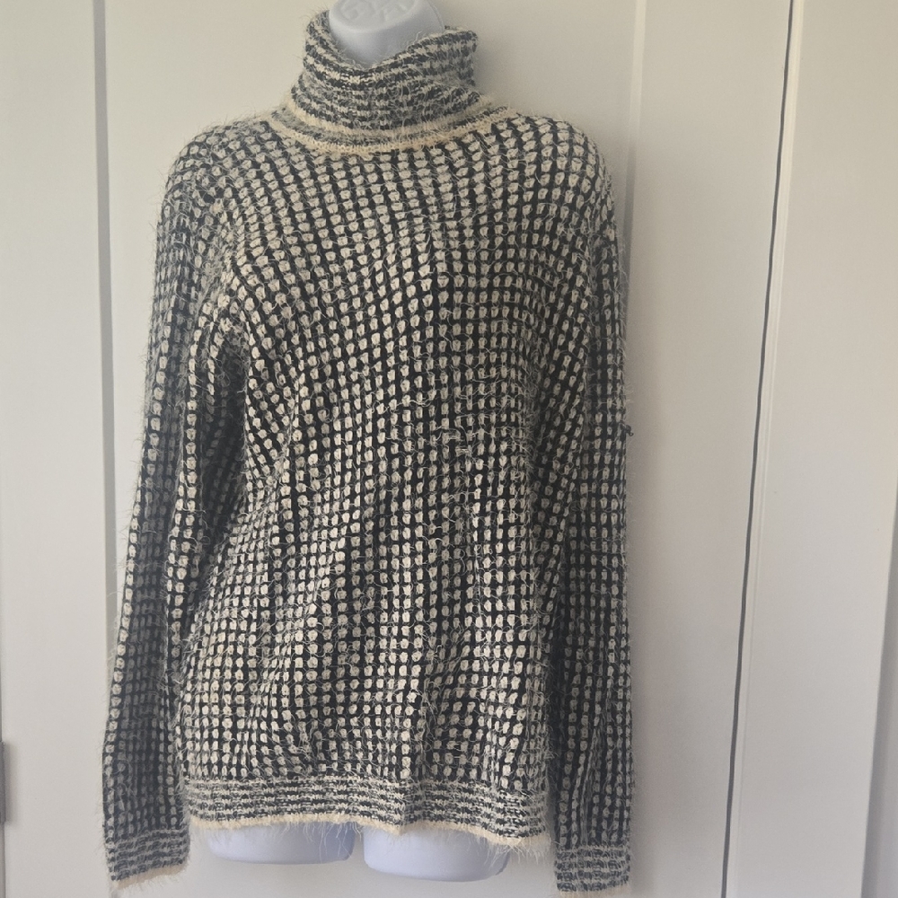Cream and Black Cowl Neck Sweater with Geometric Pattern